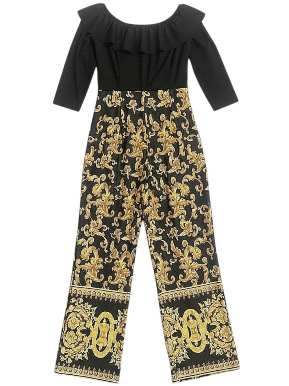 Black Gold Baroque Off Shoulder Wide Leg Jumpsuit Ruffle Shoulders XL - Picture 6 of 7